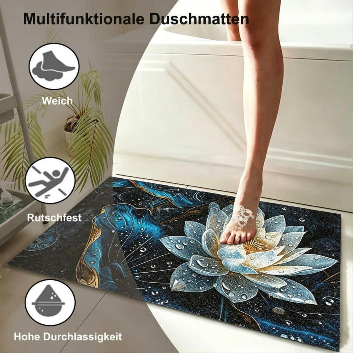Rutschfeste Duschmatte 100x120 cm – Modernes Lotus-Muster