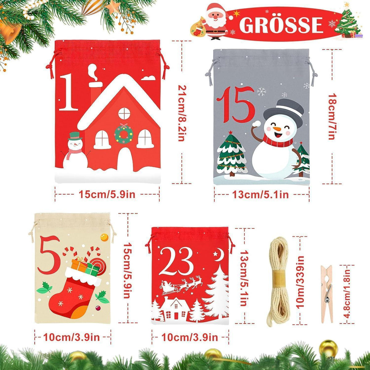 Adventskalender zum Befüllen 2026 – 24 Stoffbeutel mit Zubehör