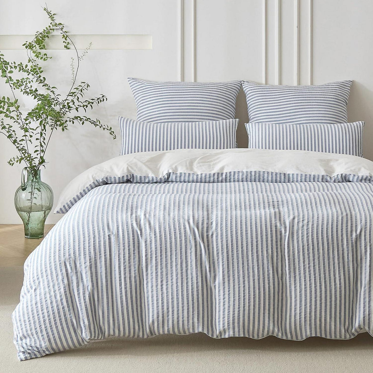 Bettwäsche-Set 135x200 Baumwolle Gestreift Denimblau & Weiß 4tlg.