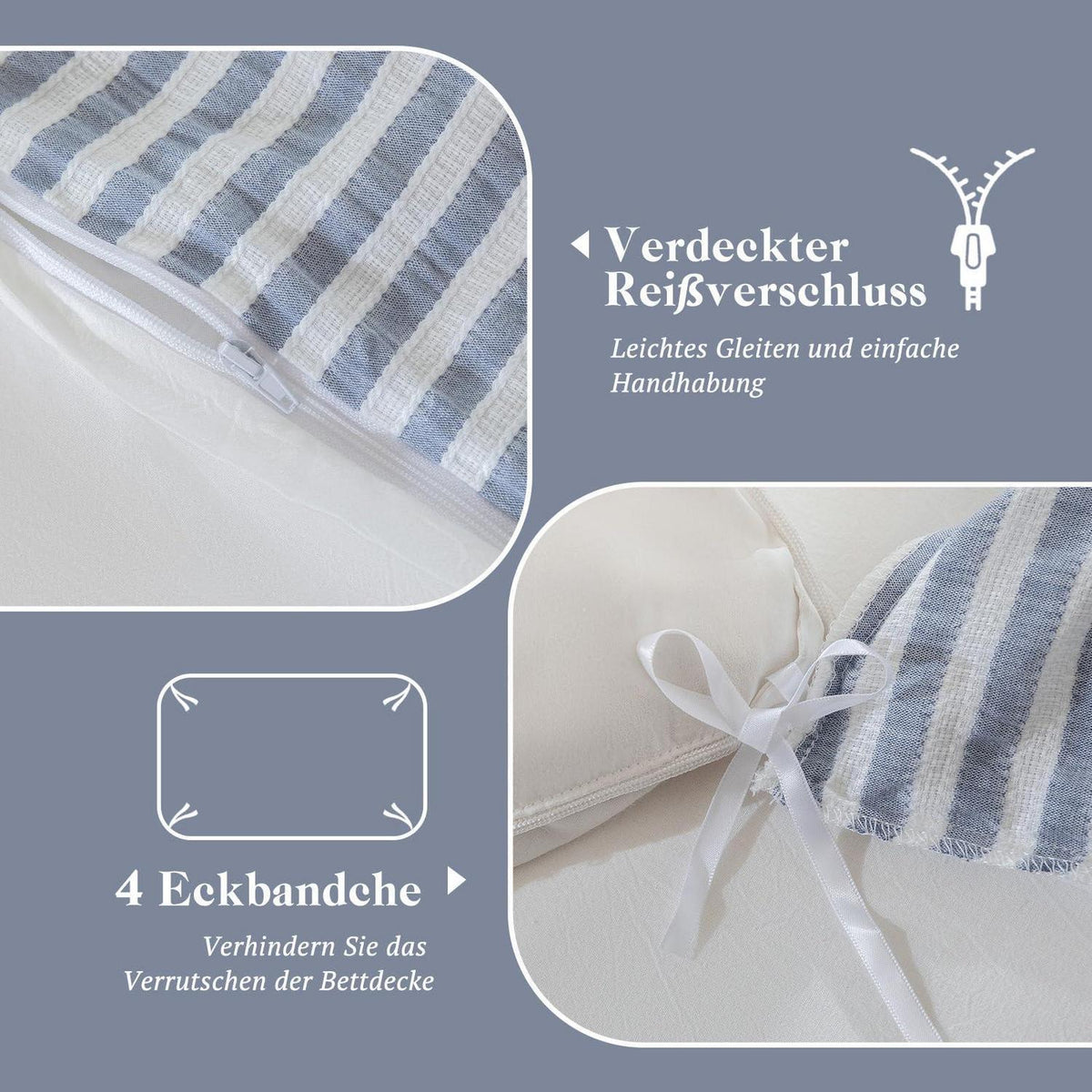 Bettwäsche-Set 135x200 Baumwolle Gestreift Denimblau & Weiß 4tlg.