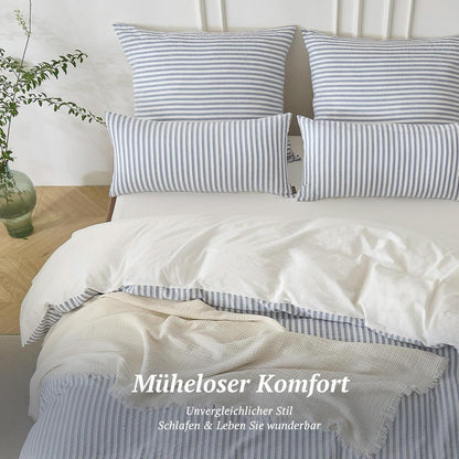 Bettwäsche-Set 135x200 Baumwolle Gestreift Denimblau & Weiß 4tlg.