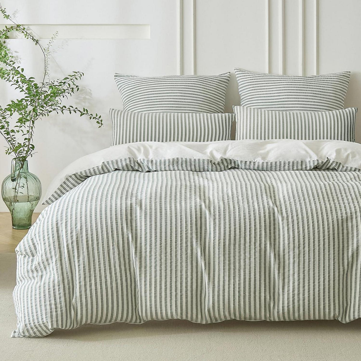 Bettwäsche-Set 135x200 Baumwolle Gestreift Salbeigrün & Weiß 4tlg.