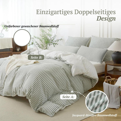 Bettwäsche-Set 135x200 Baumwolle Gestreift Salbeigrün & Weiß 4tlg.