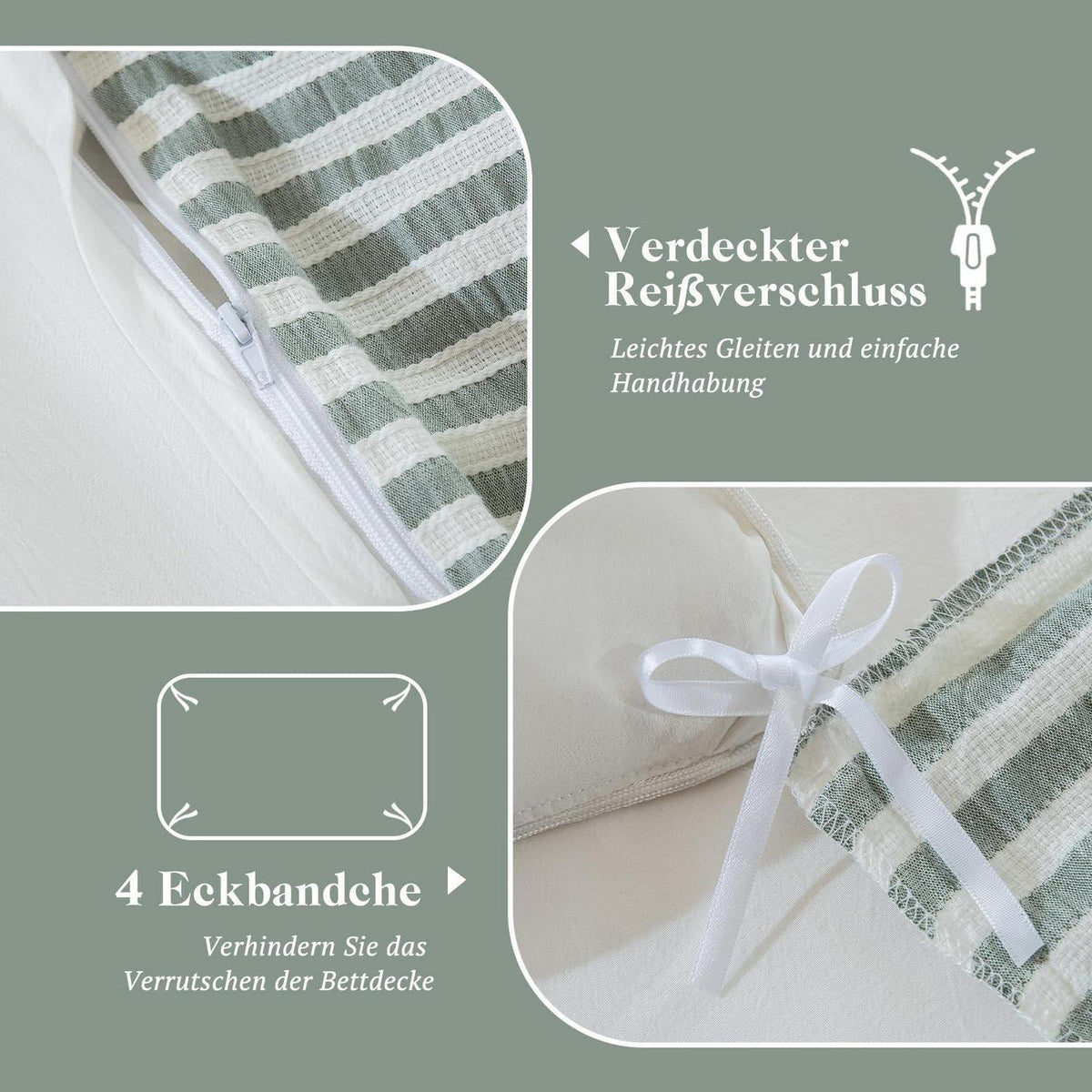 Bettwäsche-Set 135x200 Baumwolle Gestreift Salbeigrün & Weiß 4tlg.