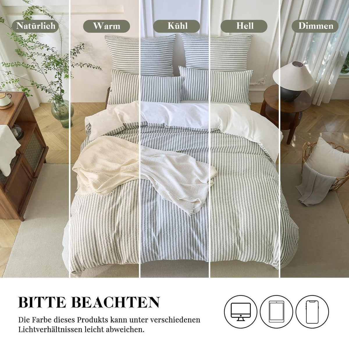 Bettwäsche-Set 135x200 Baumwolle Gestreift Salbeigrün & Weiß 4tlg.