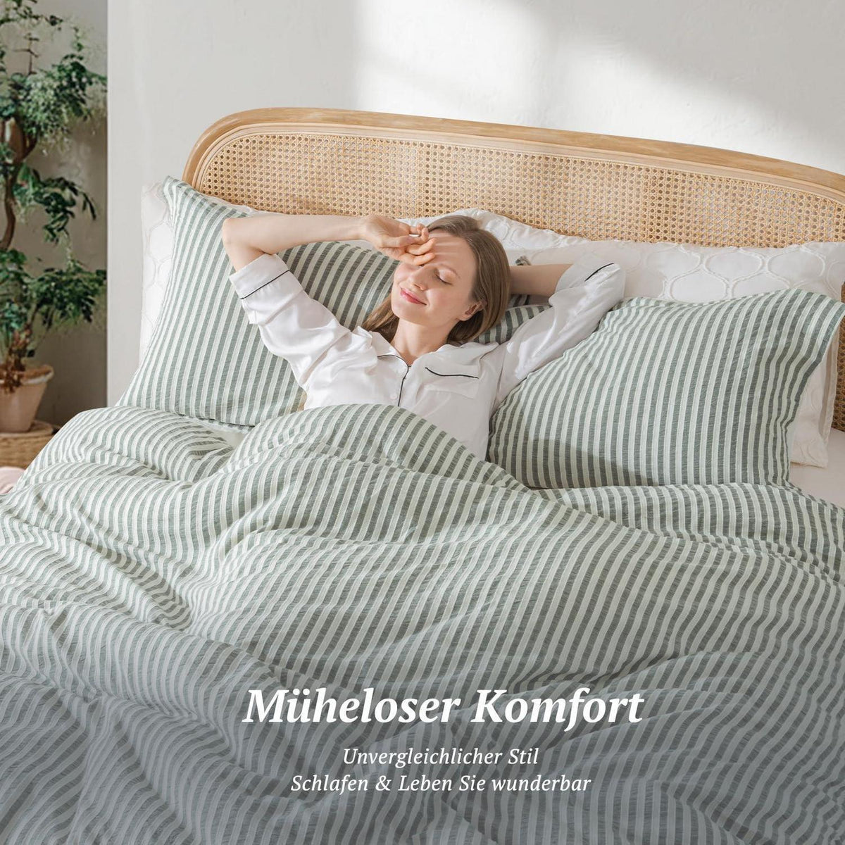 Bettwäsche-Set 135x200 Baumwolle Gestreift Salbeigrün & Weiß 4tlg.