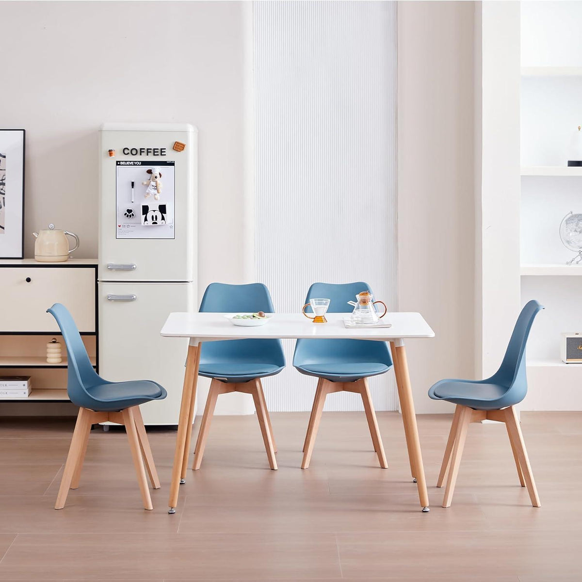 Esszimmer-Set Holz & Dunkelblau – Esstisch mit 4 Stühlen