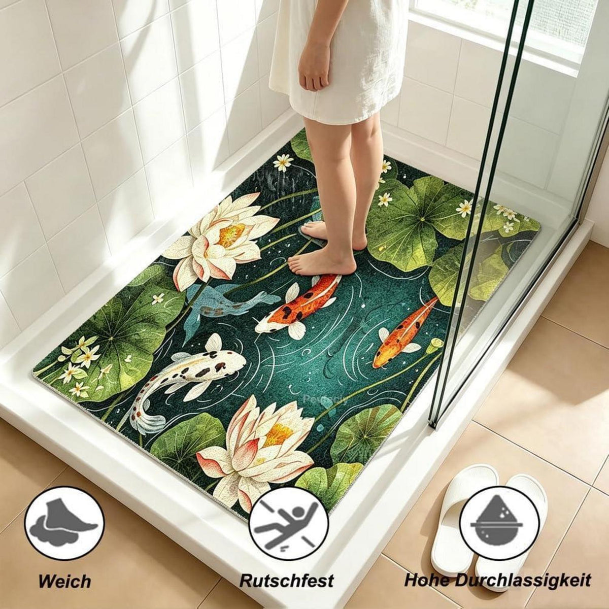 Rutschfeste Duschmatte 140x140 cm – Modernes Lotus-Muster