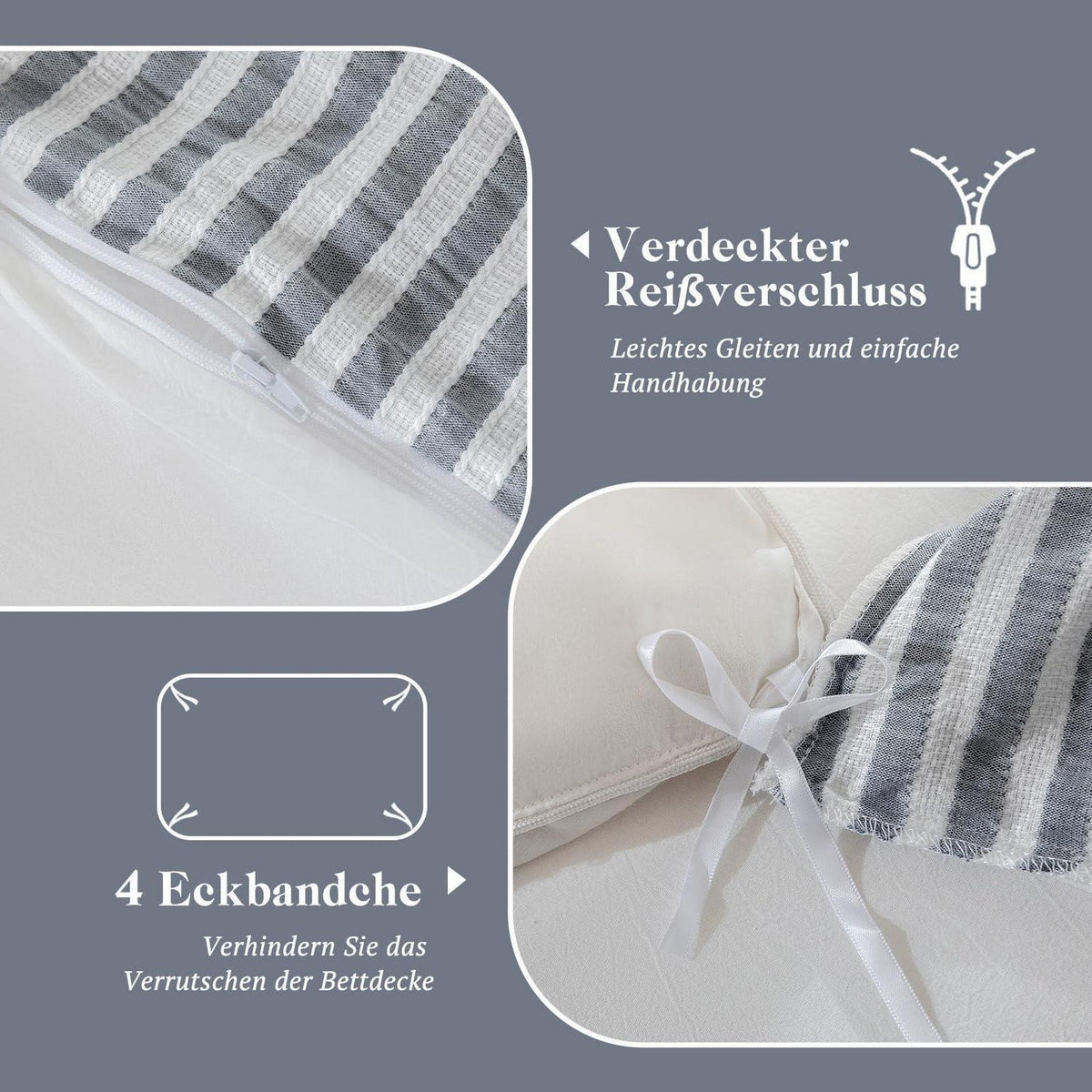 Bettwäsche-Set 135x200 Baumwolle Gestreift Blaugrau & Weiß 4tlg.