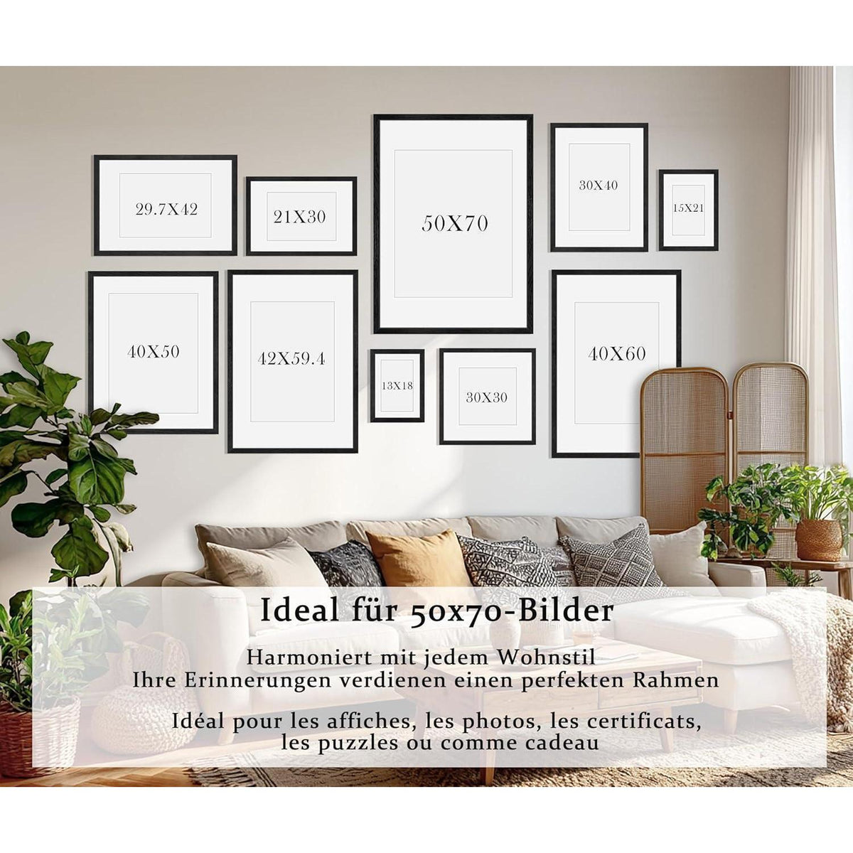 Bilderrahmen 50x70cm Eiche Schwarz, 2er Set, Wandmontage