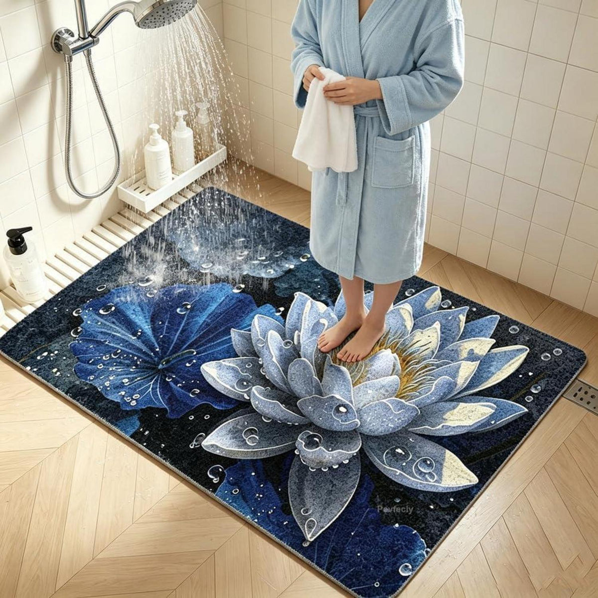 Rutschfeste Duschmatte 130x150 cm – Modernes Lotus-Muster