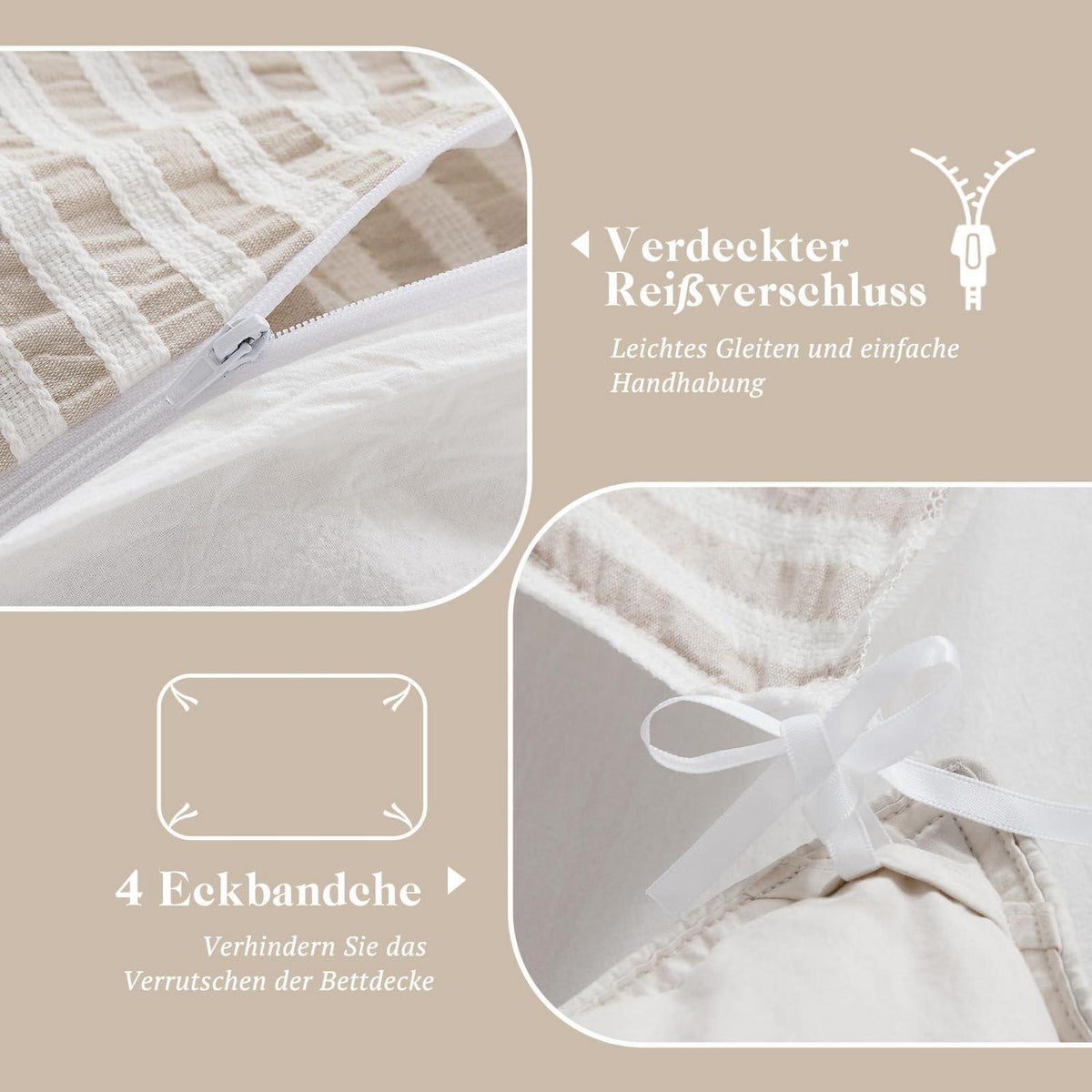 Bettwäsche-Set 135x200 Baumwolle Gestreift Khaki & Weiß 4tlg.