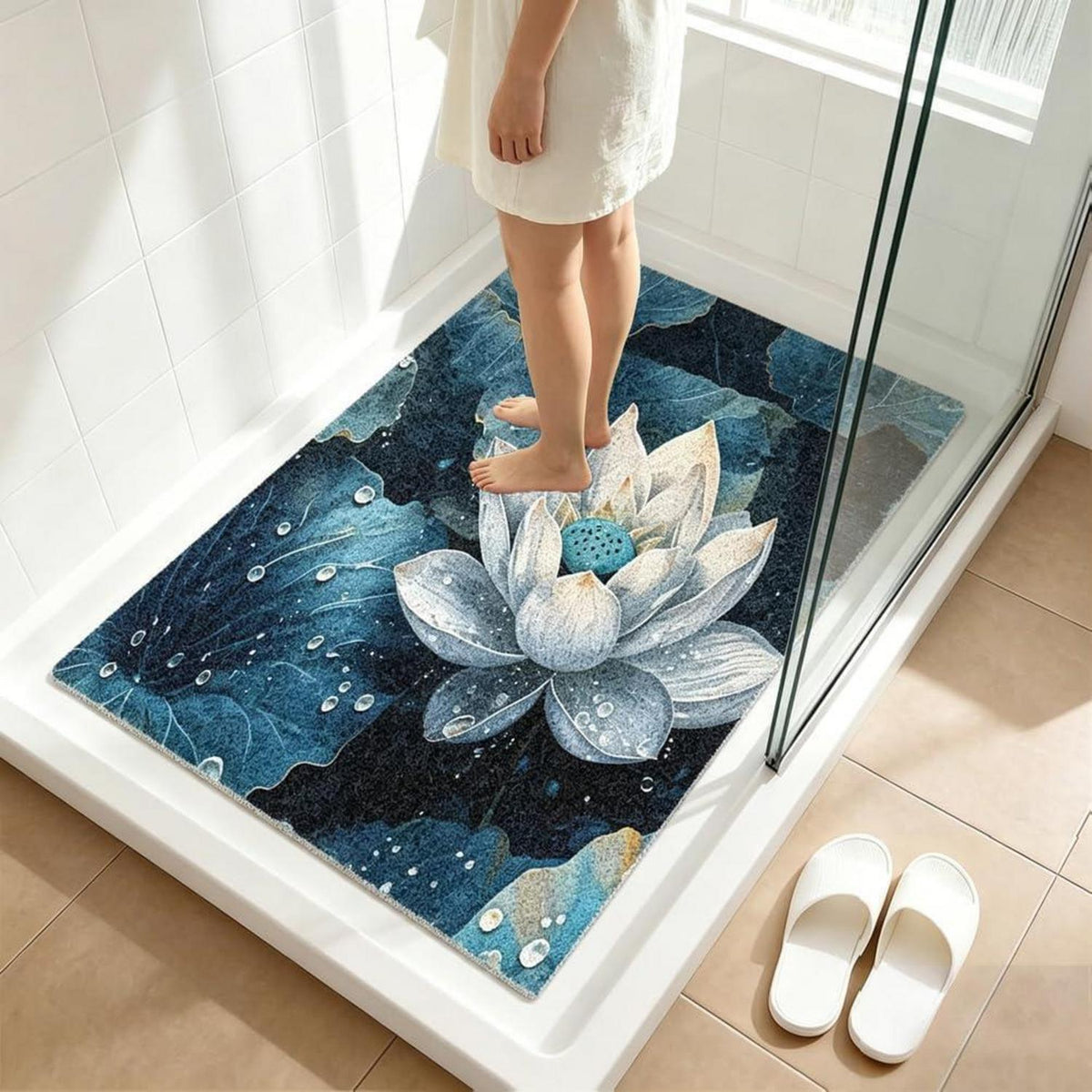 Rutschfeste Duschmatte 90x150 cm – Modernes Lotus-Muster
