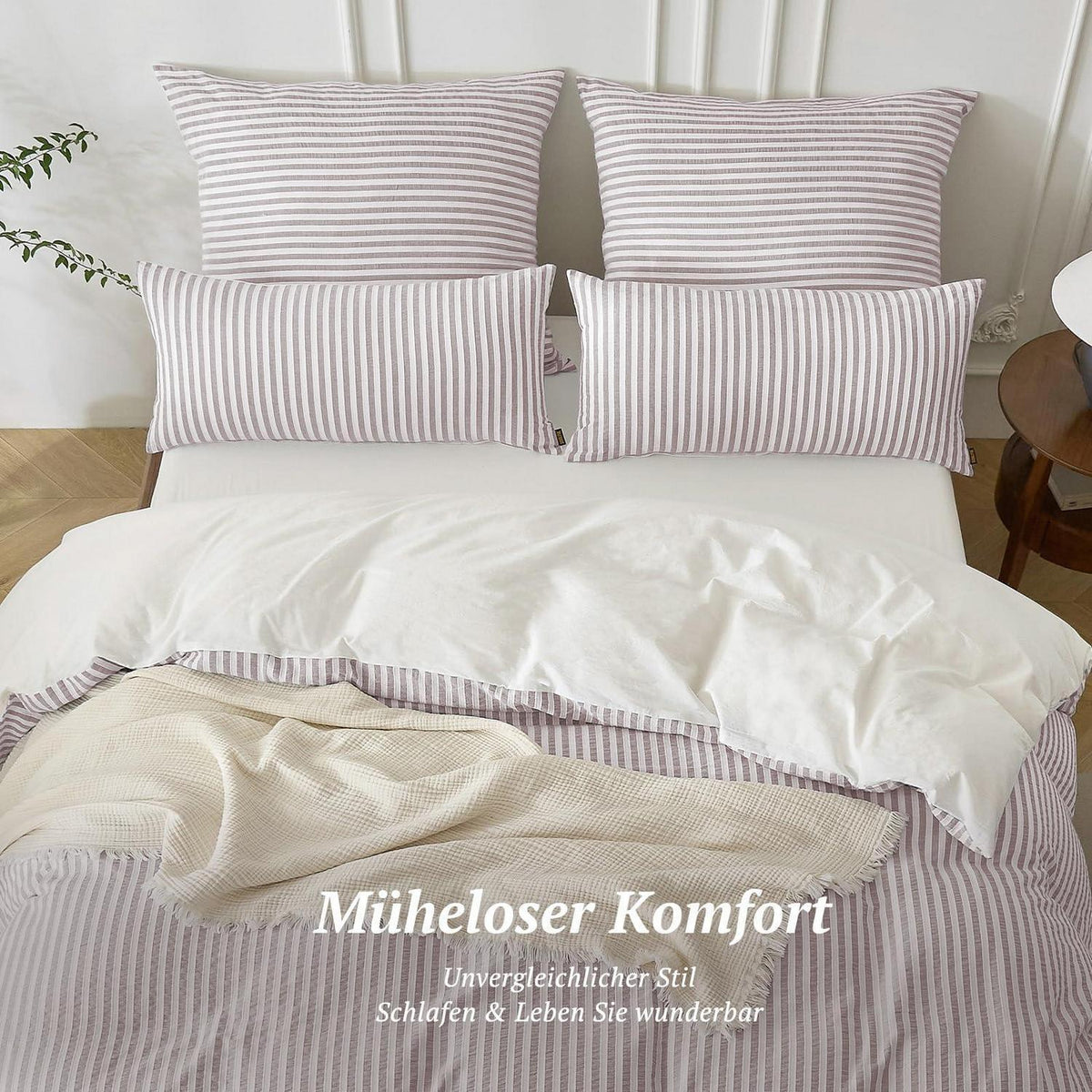 Bettwäsche-Set 135x200 Baumwolle Gestreift Altrosa & Weiß 4tlg.
