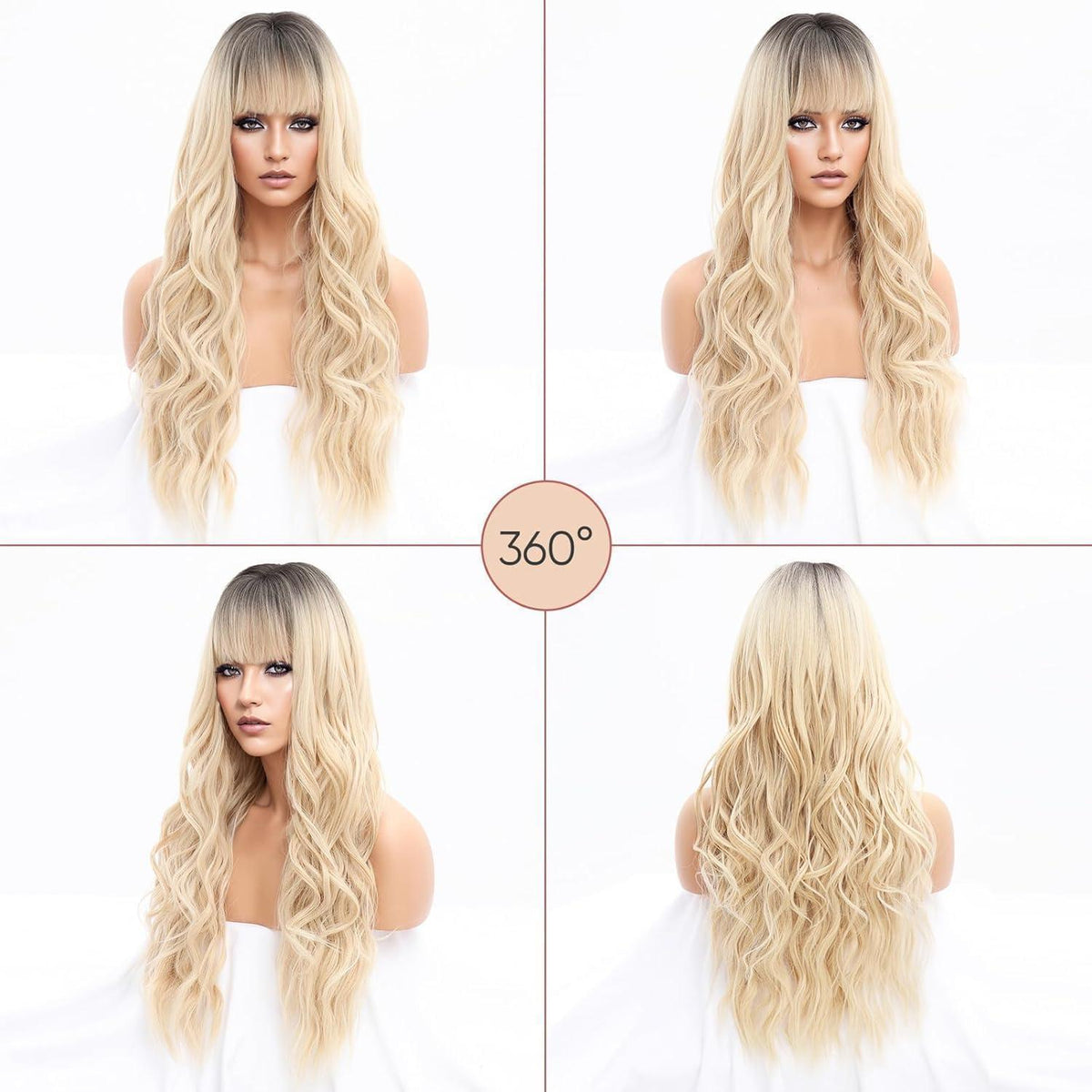 Gewellte Blonde Perücke mit Pony – Lang, Ombre Blond & Schwarz