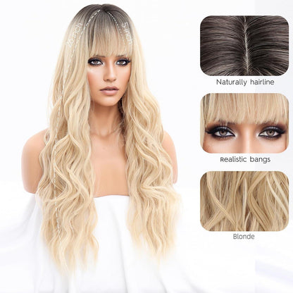 Gewellte Blonde Perücke mit Pony – Lang, Ombre Blond & Schwarz