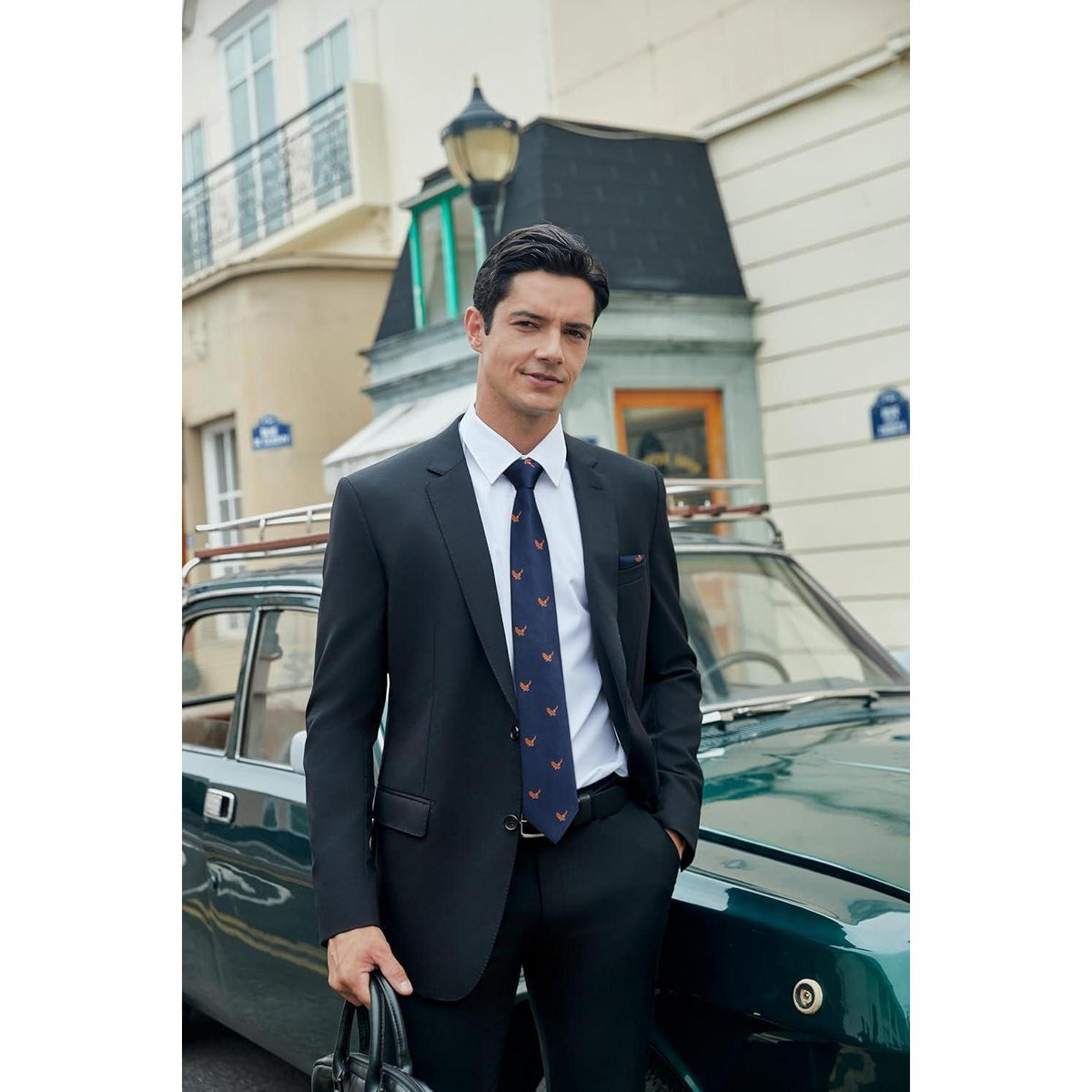 Herren Krawatten Set mit Einstecktuch, Adler Motiv, Marineblau