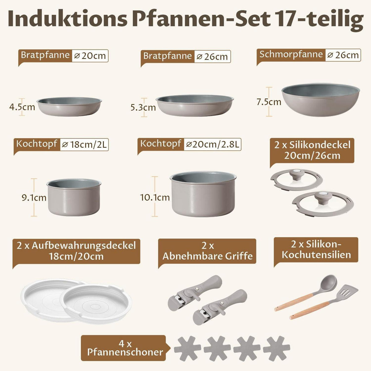 17-tlg. Keramik Topfset Grau – Abnehmbare Griffe & Vielseitig