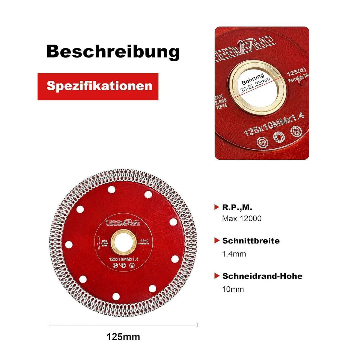 Diamant-Trennscheibe 125mm extra dünn für Fliesen, Granit, Marmor