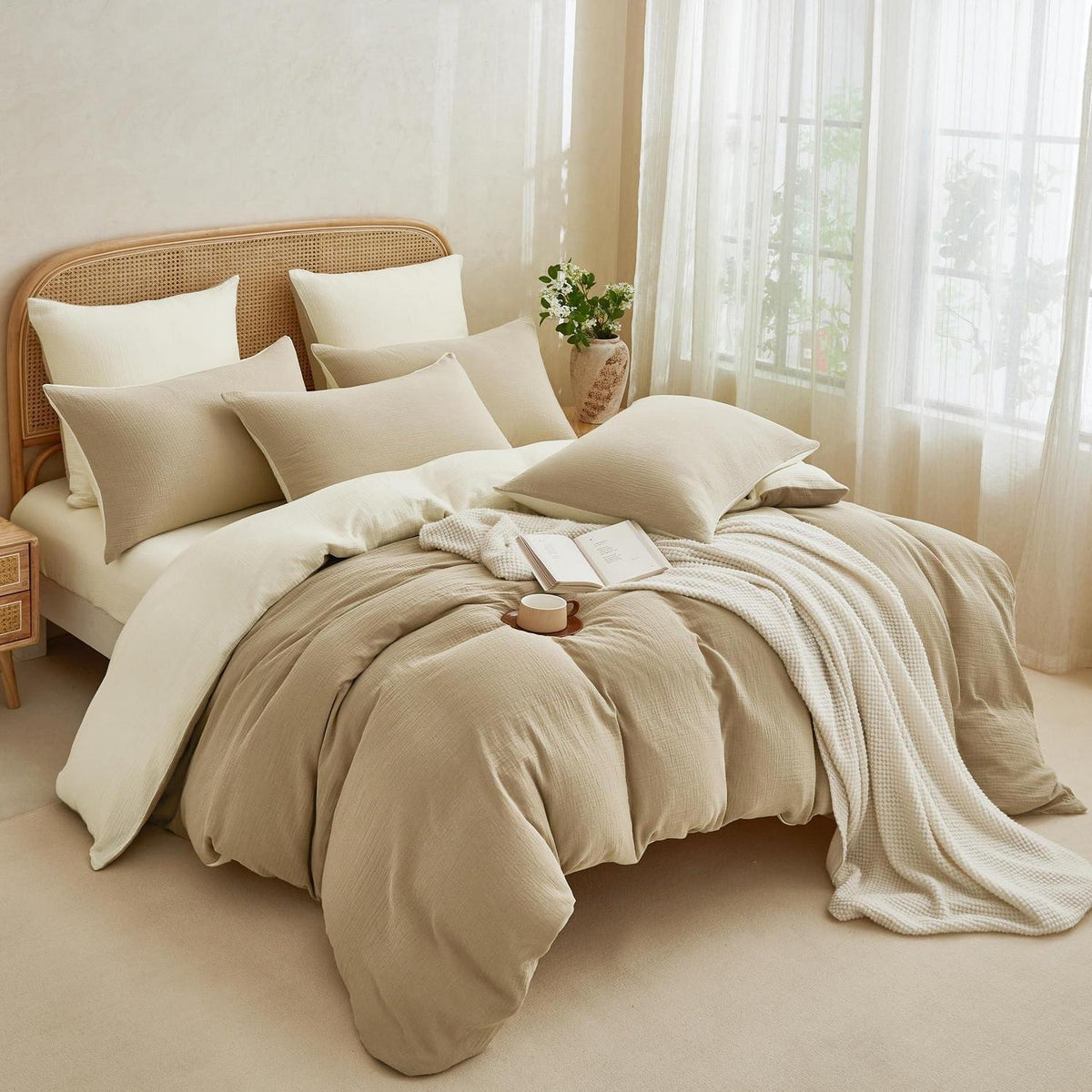 Doppelte Muslin Bettwäsche 200x220 Khaki/Hellbeige – 3-teilig