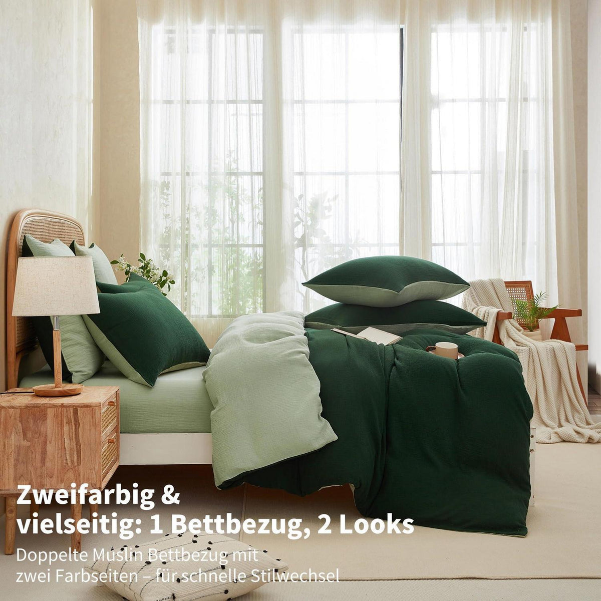 Doppelte Muslin Bettwäsche Dunkelgrün 200x220 - 3-teilig