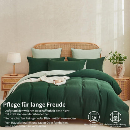 Doppelte Muslin Bettwäsche Dunkelgrün 200x220 - 3-teilig