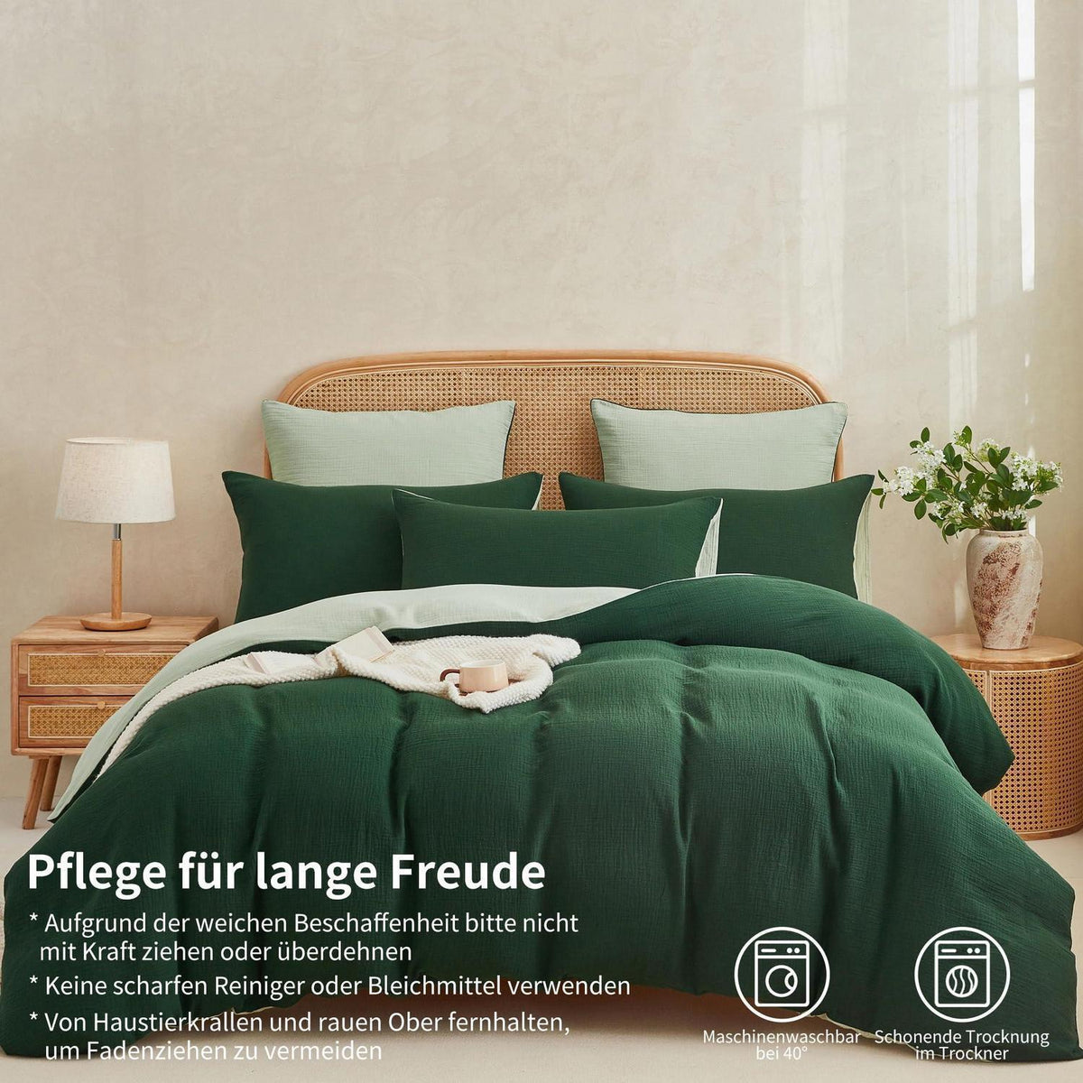 Doppelte Muslin Bettwäsche 200x200 Dunkelgrün - 3-teilig