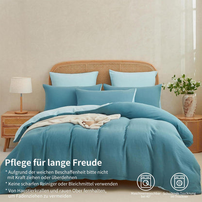 Doppelte Muslin Bettwäsche 200x220 Petrol Blau – 3-teilig