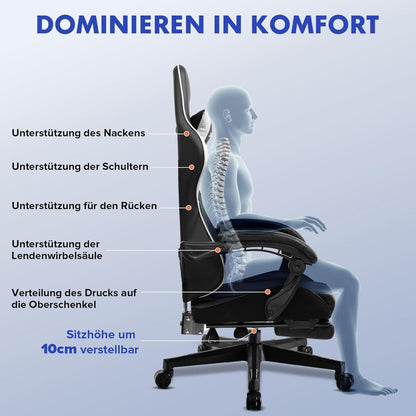 Gaming Stuhl mit Fußstütze, ergonomisch, weiß
