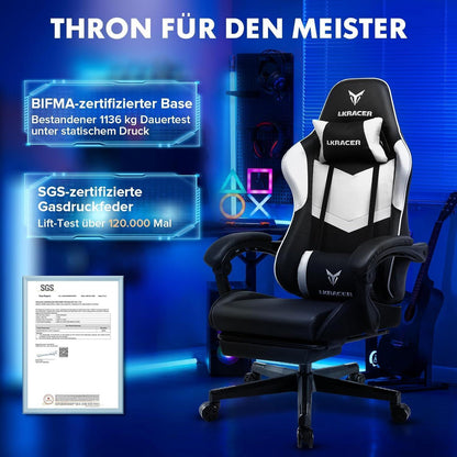 Gaming Stuhl mit Fußstütze, ergonomisch, weiß