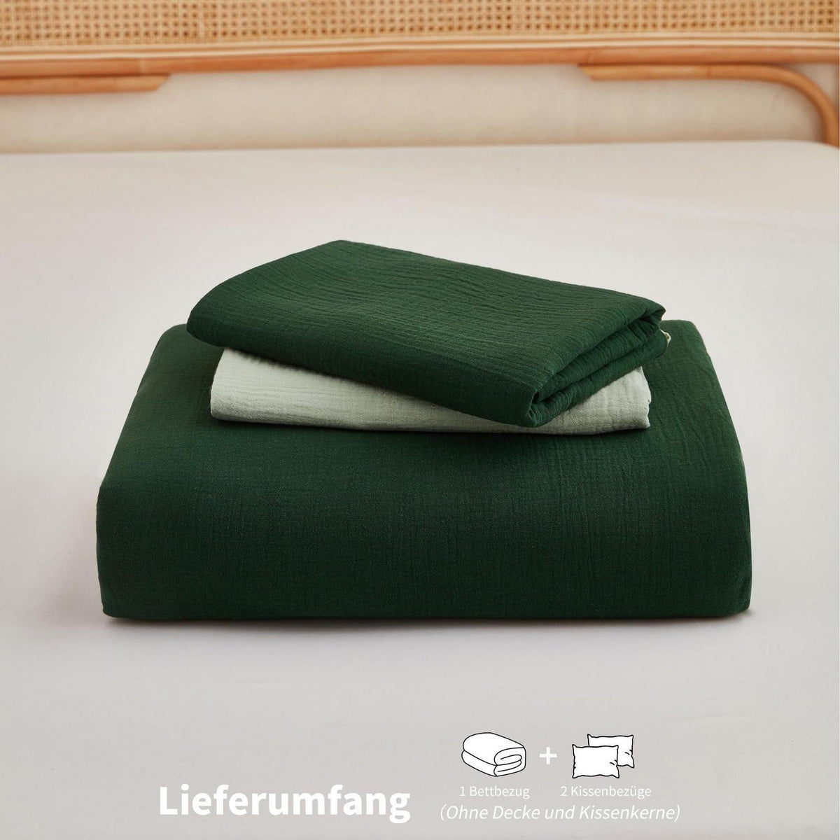 Doppelte Muslin Bettwäsche Dunkelgrün 220x240 - 3-teilig