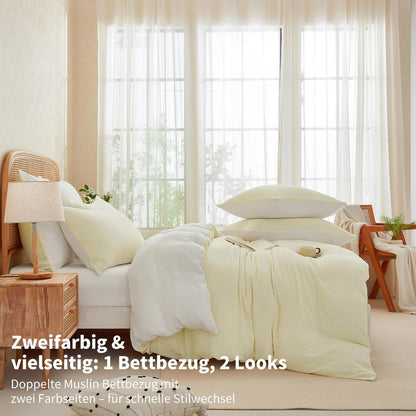 Doppelte Muslin Bettwäsche 155x220 Hellbeige Weiß 100% Baumwolle
