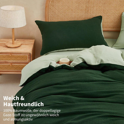 Doppelte Muslin Bettwäsche Dunkelgrün 155x220 cm - 3-teilig