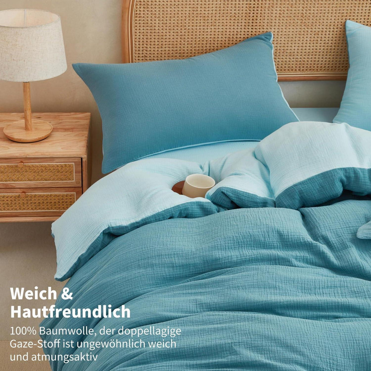 Doppelte Muslin Bettwäsche 220x240 Petrol Blau – 3-teilig