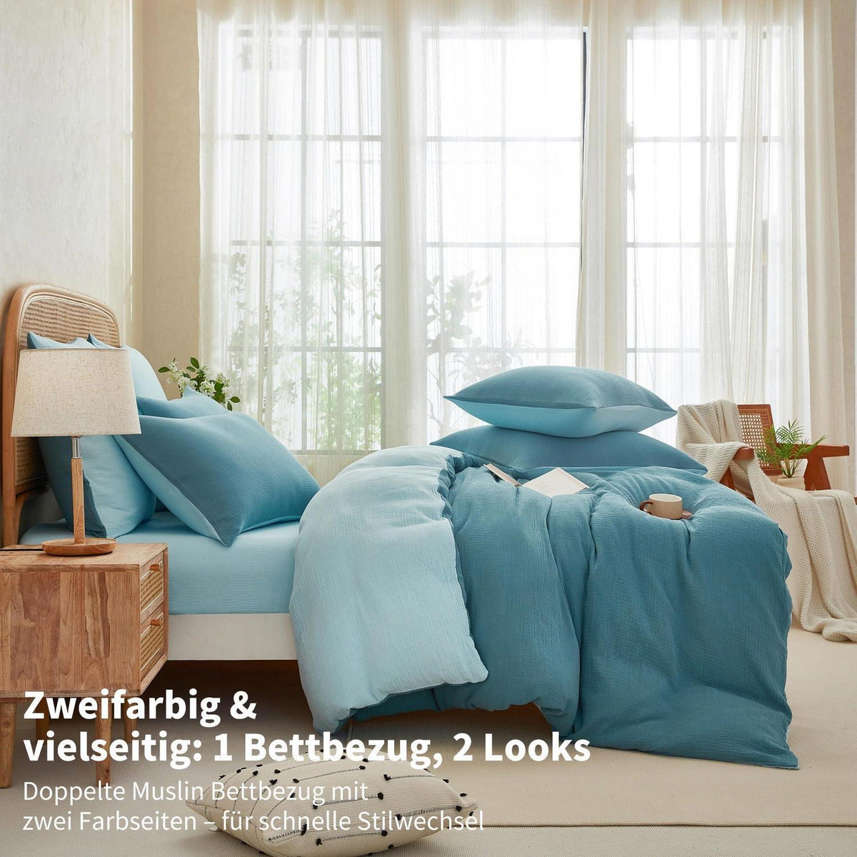 Doppelte Muslin Bettwäsche 220x240 Petrol Blau – 3-teilig