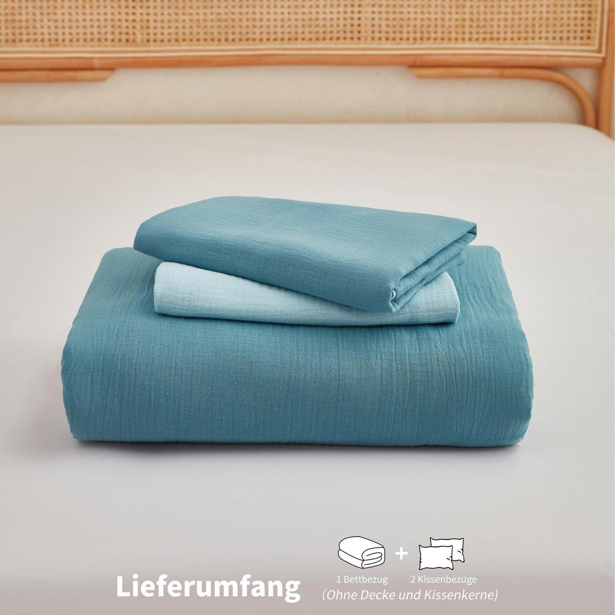 Doppelte Muslin Bettwäsche 200x200 Petrol Blau – 3-teilig