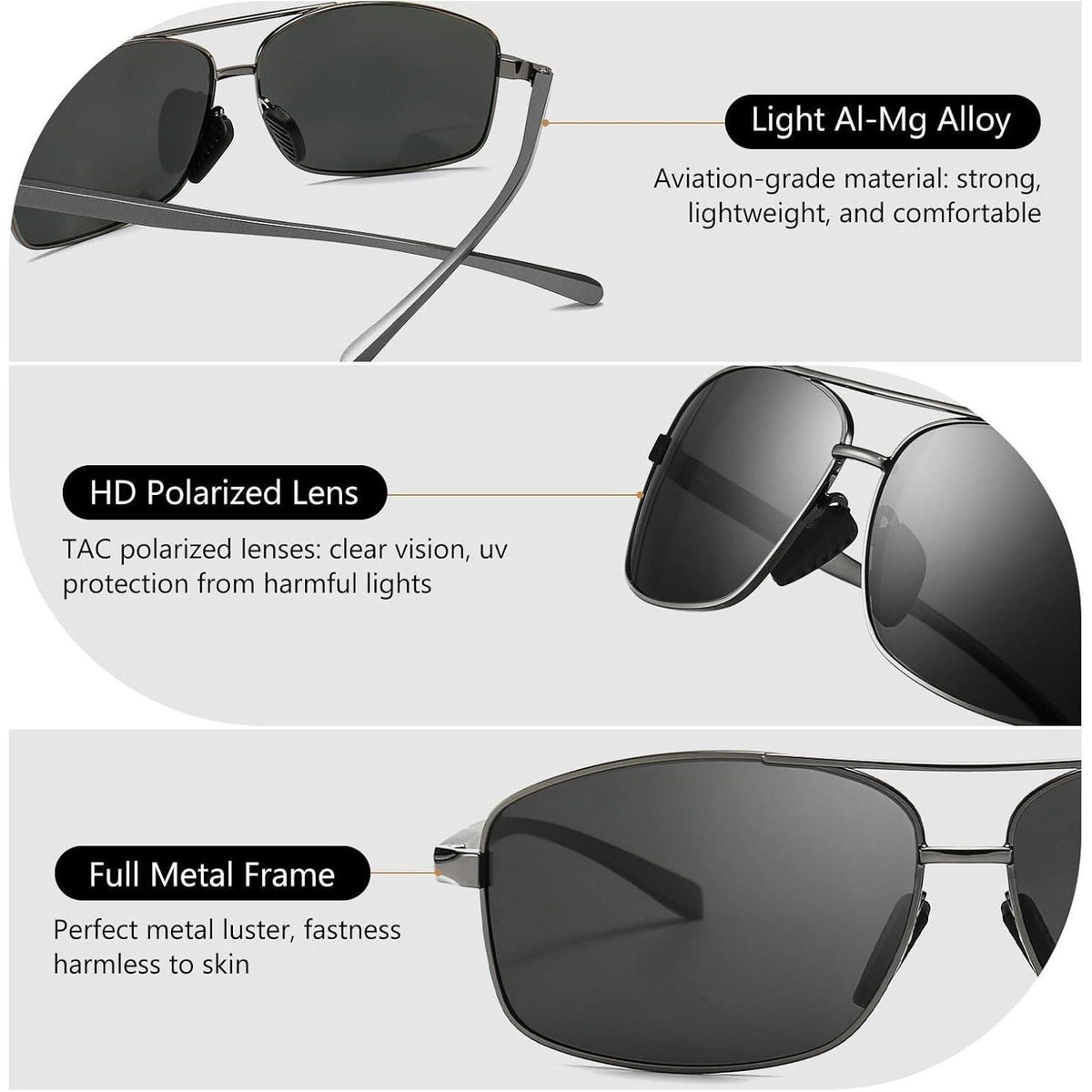 Herren Sonnenbrille Rechteckig Polarisert UV400 Metallrahmen Grau