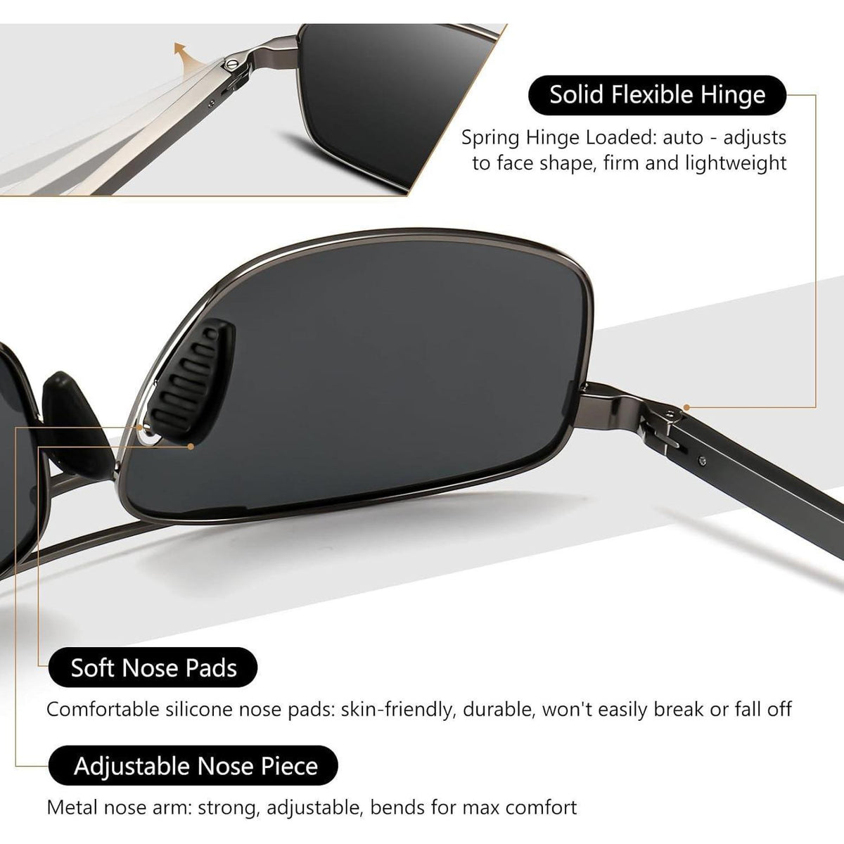 Herren Sonnenbrille Rechteckig Polarisert UV400 Metallrahmen Grau