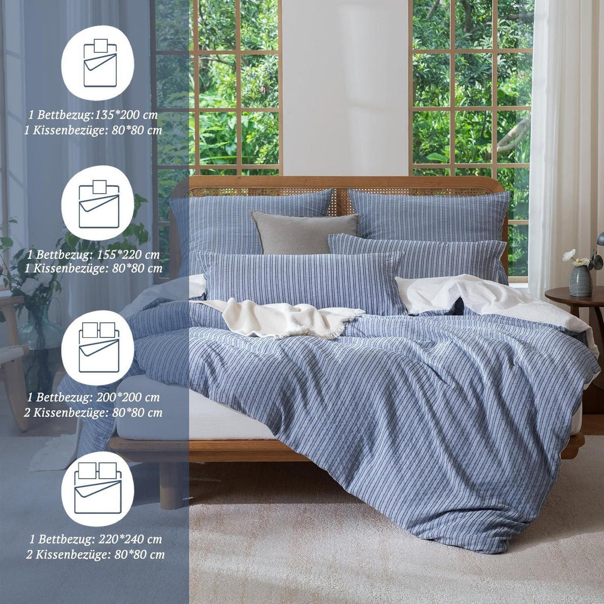 Bettwäsche-Set 135x200 Baumwolle Denimblau 4tlg. Jacquard & Stone Wash