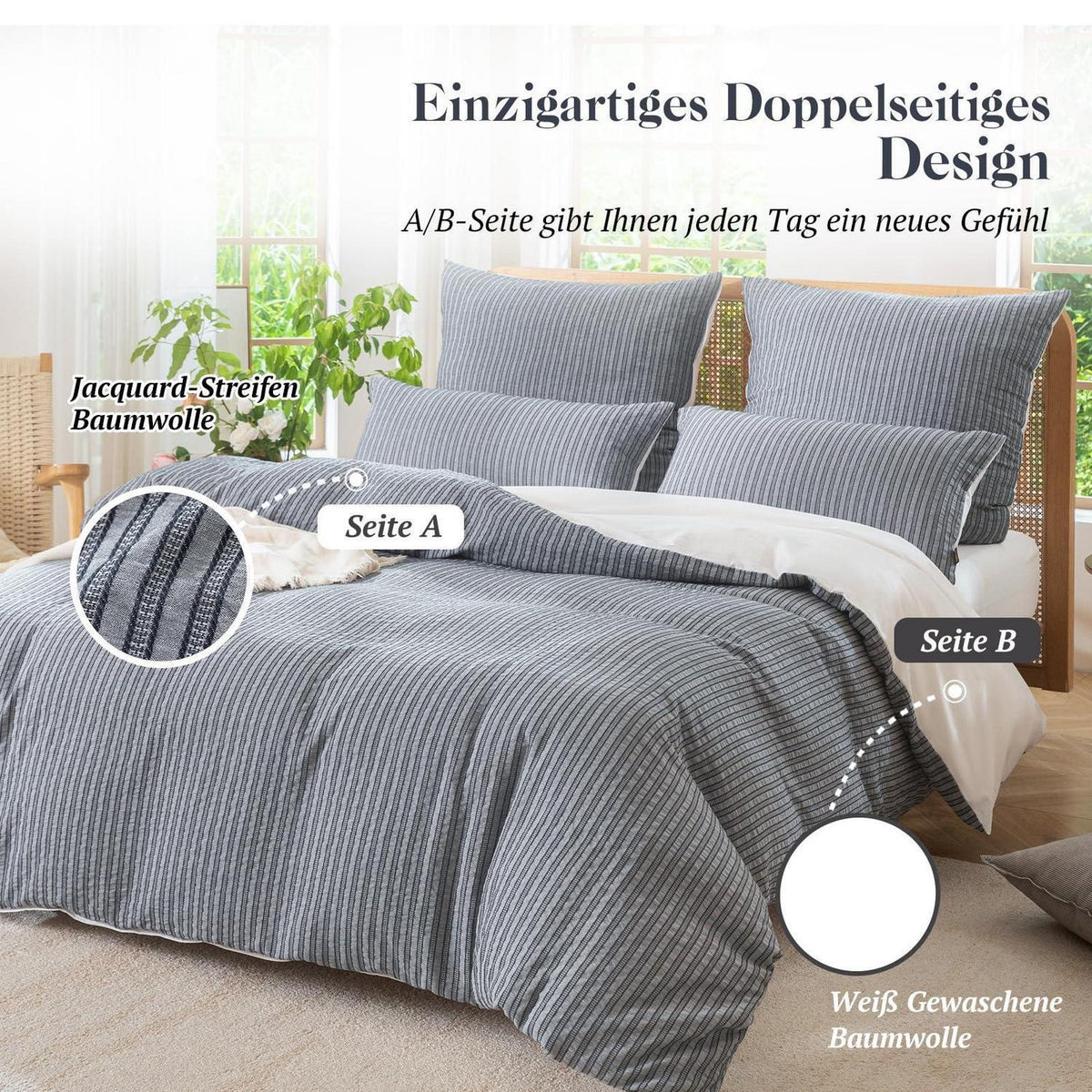 Bettwäsche-Set 135x200 Baumwolle Grau Blau 4tlg. Jacquard & Stone Wash