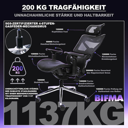 Ergonomischer Bürostuhl 200kg mit 4D Armlehnen & Netzrücken