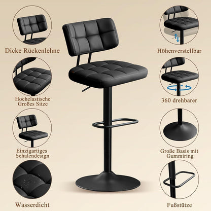 Barhocker Set 2er – Höhenverstellbar, Schwarz in Lederoptik