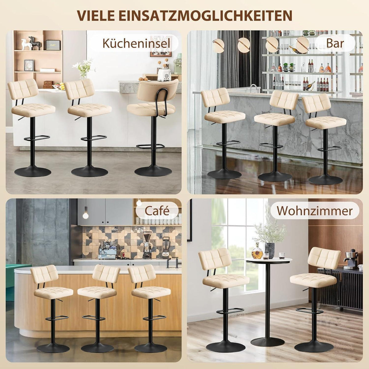 Barhocker Set 2er – Höhenverstellbar, Beige in Lederoptik