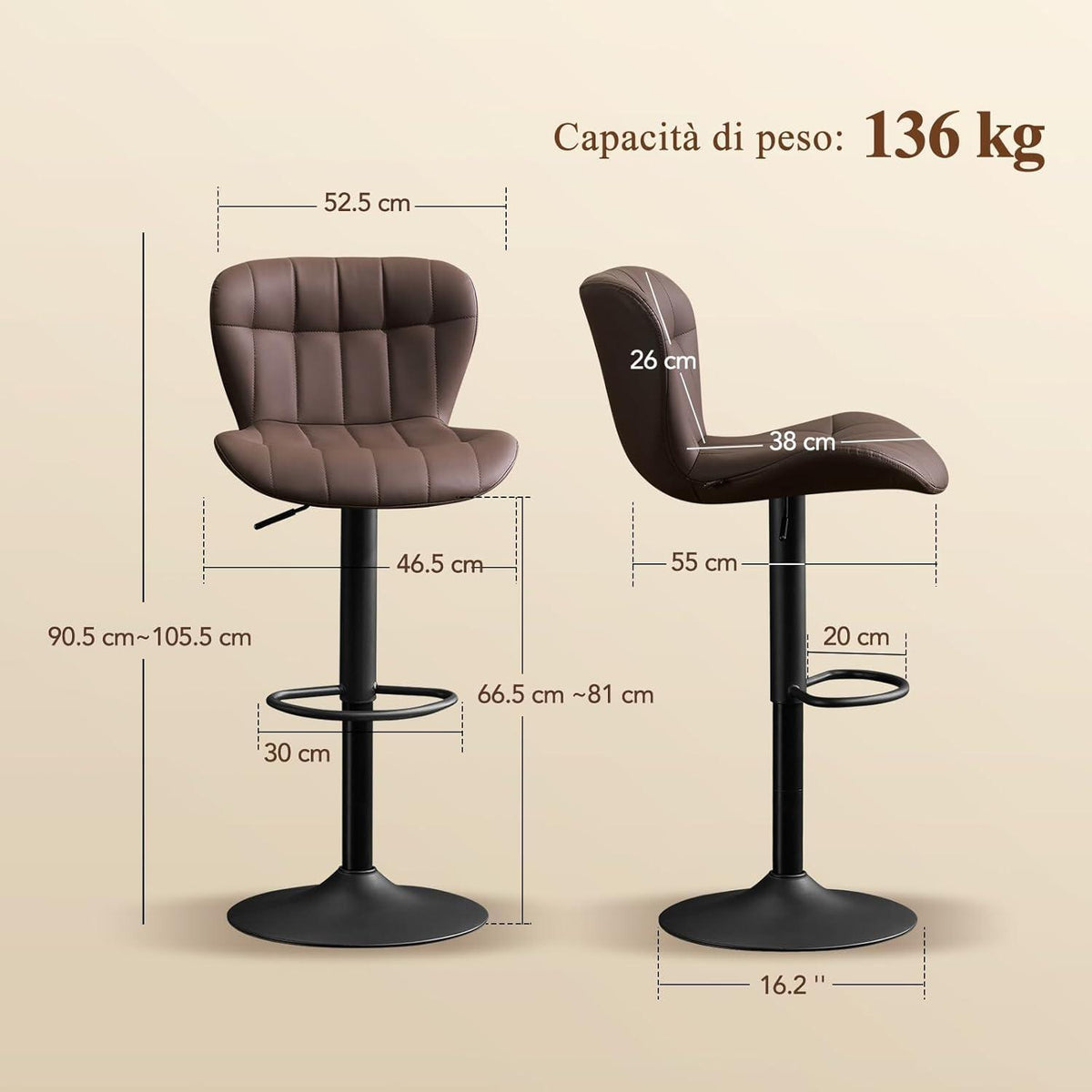 Barhocker Set 2x Höhenverstellbar Braun in Lederoptik