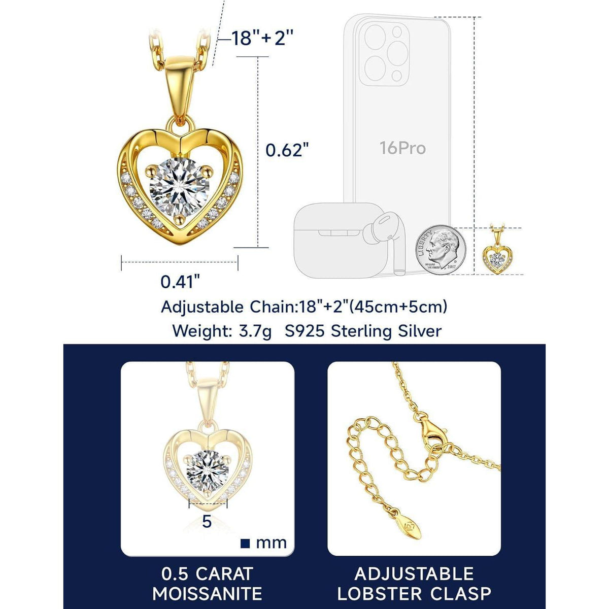 Silberkette Damen Herz 925 mit 0,5 Karat Moissanite