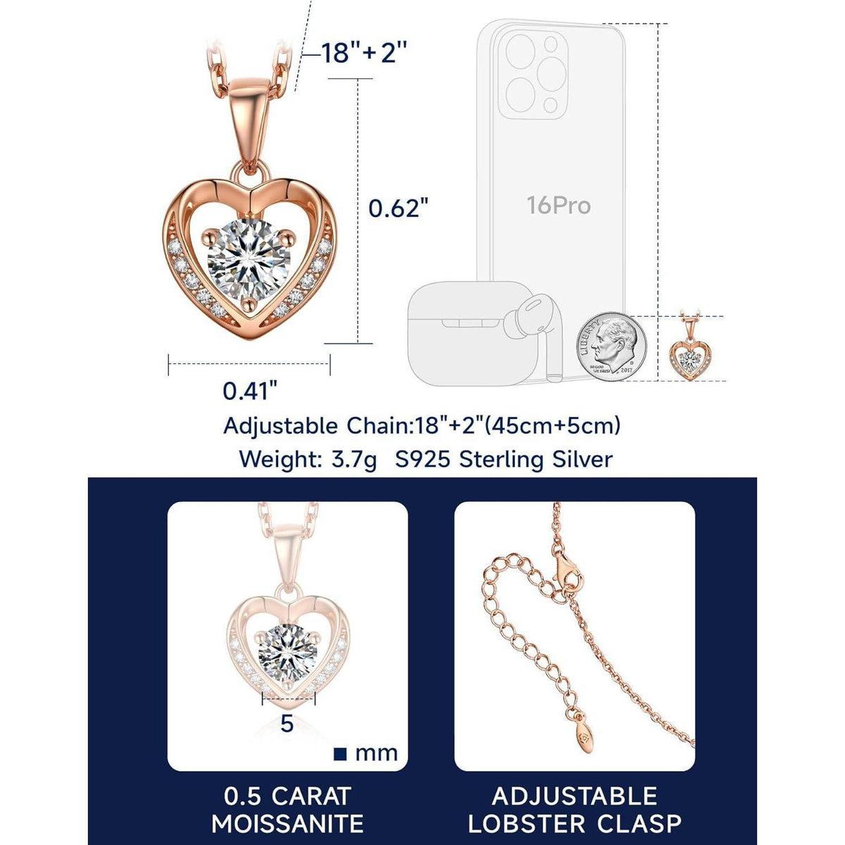 Silberkette Damen Herzanhänger mit 0,5 Karat Moissanite Rosegold