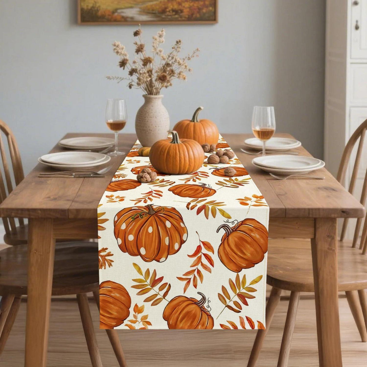Herbst Tischläufer 40x180cm – Orange Leinen Deko Kürbis Design