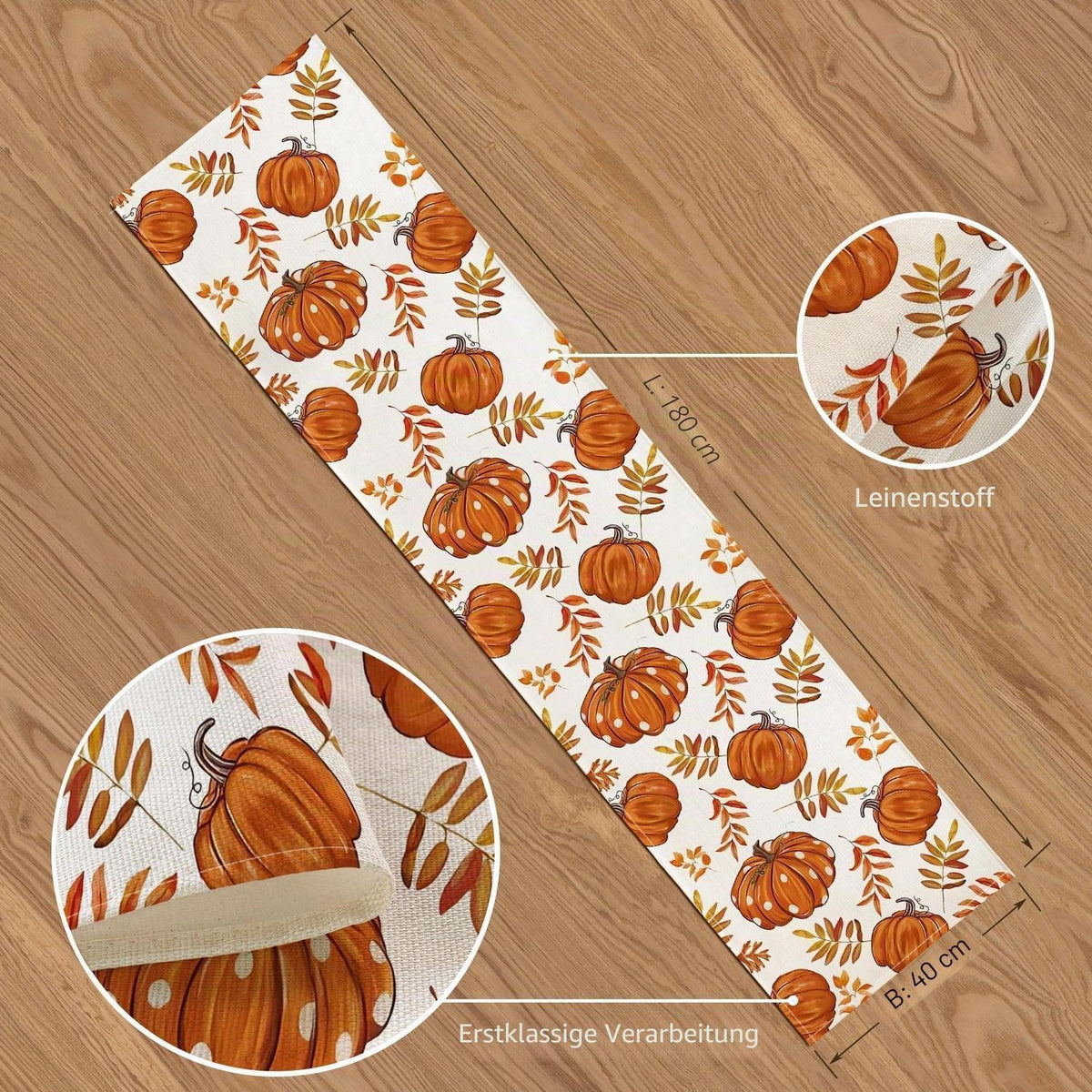 Herbst Tischläufer 40x180cm – Orange Leinen Deko Kürbis Design