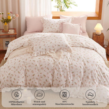Rüschen Bettwäsche Set Rosa Blumen 135x200/80x80