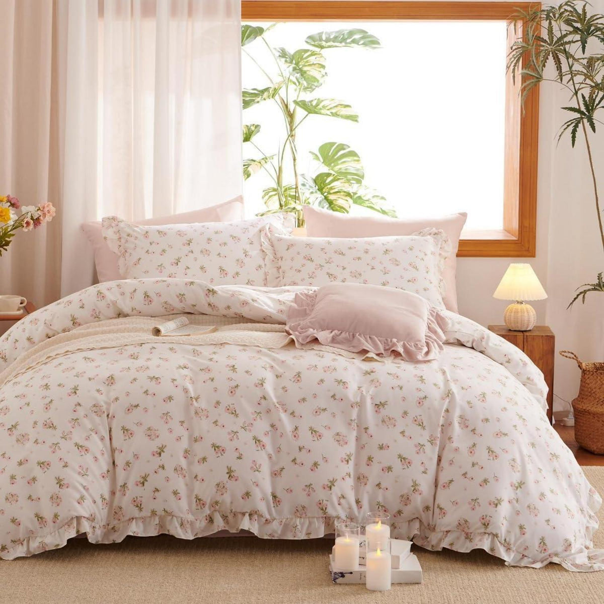Bettwäsche-Set 135x200 Rosa Blumen mit Rüschen